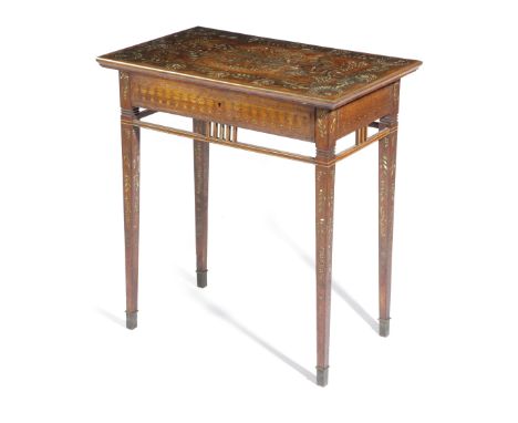 A MOORISH WALNUT SIDE TABLE LATE 19TH CENTURY inlaid with brass, bone, mother of pearl and abalone, with scrolling leaves and