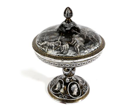 A LIMOGES ENAMEL TAZZA AND COVER IN RENAISSANCE STYLE AFTER PIERRE REYMOND, PROBABLY 19TH CENTURY painted en grisailles with 