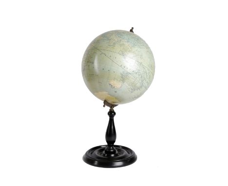 AN ELEVEN INCH TERRESTRIAL TABLE GLOBE BY MERZBACH &amp; FALK, BRUSSELS, 20TH CENTURY with maker's cartouche, inscribed 'Geog