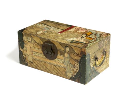 A SMALL CHINESE PAINTED VELLUM TRUNK EARLY 20TH CENTURY decorated with courtly ladies in pavilions, with prunus trees, the in