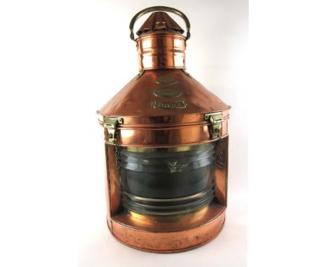 A large copper Port side ships lantern, having brass labels reading Lord Line CoSt Andrews Dock No.2182, with brass handle, h