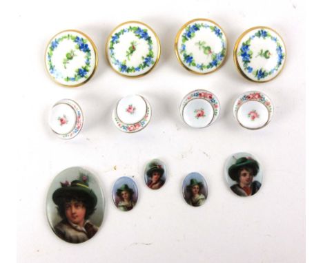 A collection of ceramic buttons to include four Minton hand painted floral buttons, four unmarked hand painted floral buttons