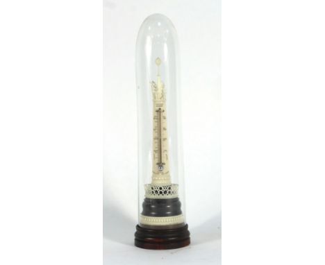 A 19th century ivory thermometer by Geddes, Royal Adelaide Gallery, under a glass dome, on a mahogany plinth, h. 29 cm   COND