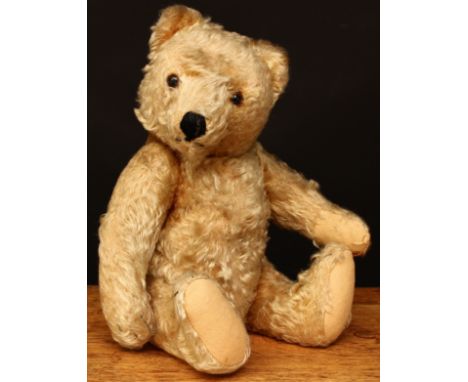 A Steiff (Germany) jointed golden mohair teddy bear, amber and black glass eyes, pronounced snout with vertically black stitc