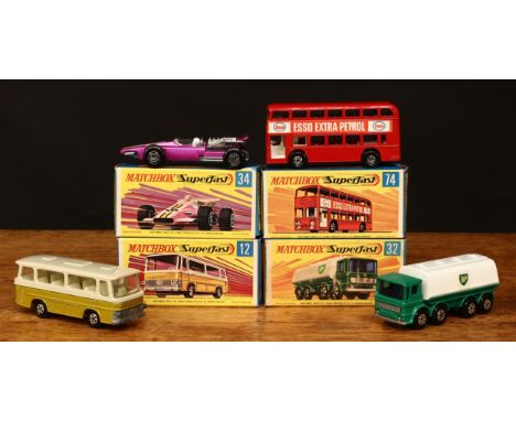 Matchbox 1-75 series Superfast issues, comprising 12d Setra coach, metallic gold body with cream roof, boxed; 32c Leyland pet