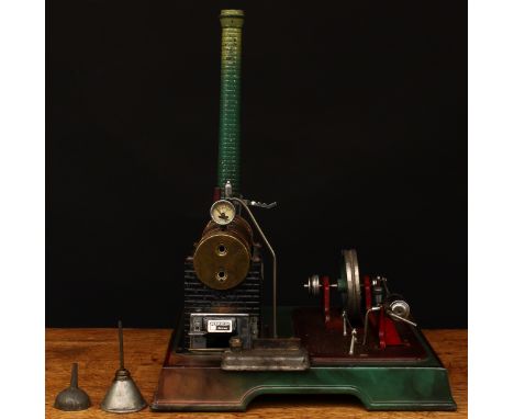 A Märklin (Germany) stationary live steam engine or steam plant, brass horizontal boiler with pressure gauge, detachable tinp