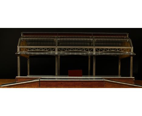 Ace Trains O Gauge canopy station, nickel plated and diecast metal arched and straight girders, lithographed sheet metal plat