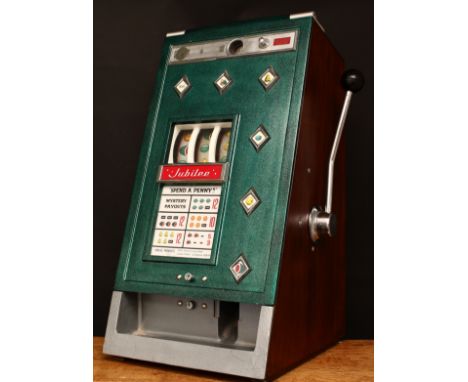 A Jubilee Products Silver Jubilee mechanical one arm bandit slot arcade/amusement machine with 'Mystery Payouts', metallic gr