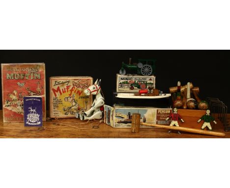 A Tri-ang Minic (Lines Brothers) tinplate and clockwork steam roller, green body with grey plastic roller and wheels, boxed w
