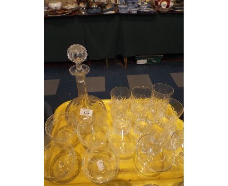 A Cut Glass Globe and Stalk Decanter, Whiskey Tumblers, Champagnes.