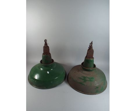 A Pair of Green Enamel Industrial Light Fittings.