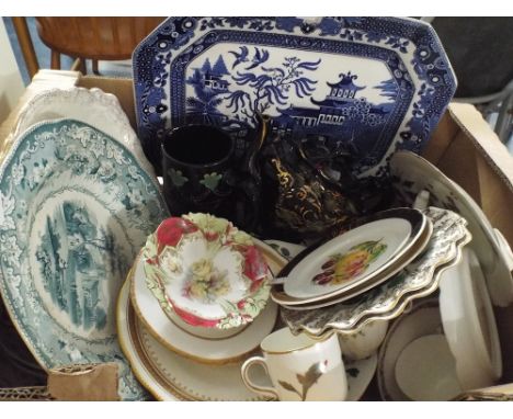 A Tray of Ceramics to Include Teapot and Jug, Blue and White Meat Plate, Various Bowls Cups Etc.