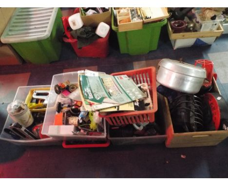 Six Boxes of Tools to Include Stanley Staple Gun, Screws and Washers, Extension Cables, Portable Lamps, Electric Grinder.
