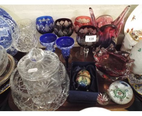 A Tray of Coloured and Plain Glassware to Include Biscuit Barrel, Bowl, Wine Glasses, Vases Etc, Paperweights.  