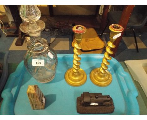 A Pair of Brass Candlesticks, Obelisk, Mallet Decanter and Model Railway Engine Made from Coal. 