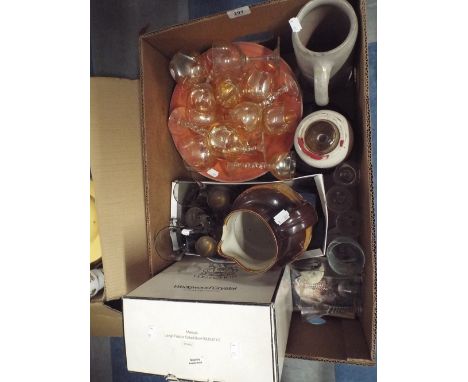 Box of Sundries to Include Wine Glasses, Silver Plate Cruet, Stone Ware Jug and Tankard Etc.