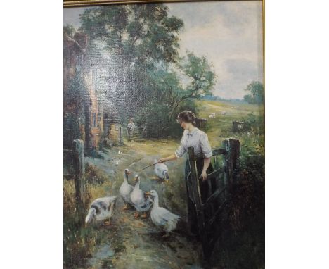 A Framed Edwardian Print Girl with Geese.