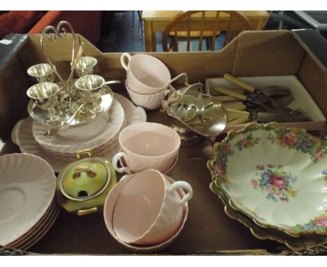 A Box Containing Silver Plated Egg Cup Set, Sugar Bowl Ceramic Tea Wares, Fish Knives and Forks Etc. 