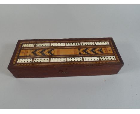 An Inlaid Cribbage Box Containing Playing Cards. 