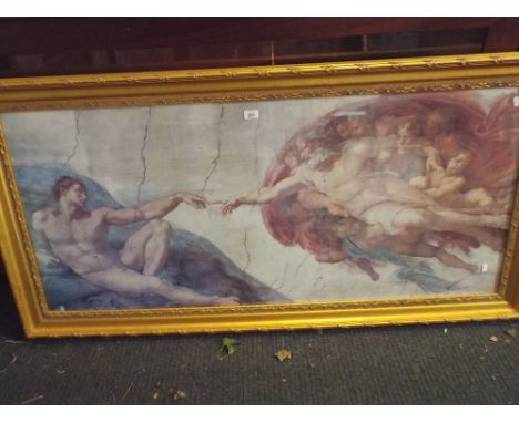 A Large Gilt Framed Michelangelo Print, The Creation of  Adam 139 x 61 Cm.