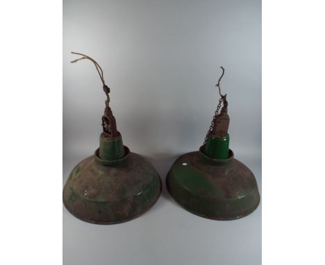 A Pair of Green Enamel Industrial Light Fittings.