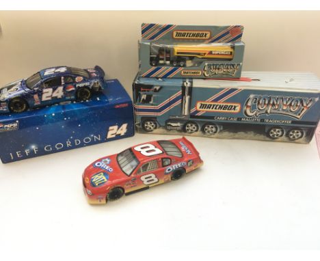 A Jeff Gordon 1:24-scale sock car (Star Wars) and another, a Matchbox Convoy Carry case and a Matchbox Convoy Petrol Tanker b