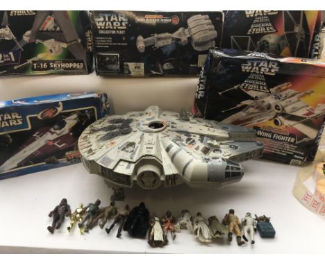 Star Wars modern boxed toys including a T-16 skyhopper, a Blockade runner,a tie fighter, X-wing, a Jedi Star Fighter and a Mi