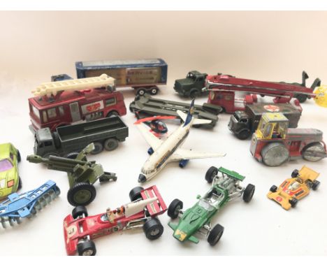 A collection of die cast play worn toys including Dinky, Matchbox etc.