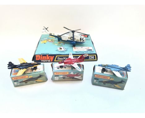 A Dinky Sea King Helicopter #724 (plastic cover missing) 2 x Matchbox 2 S-jets boxed and a swing wing boxed.