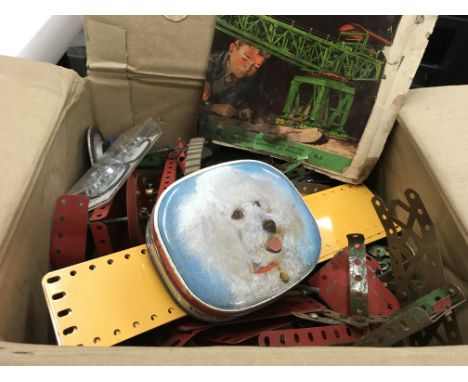 A box of Meccano, vintage dolls etc