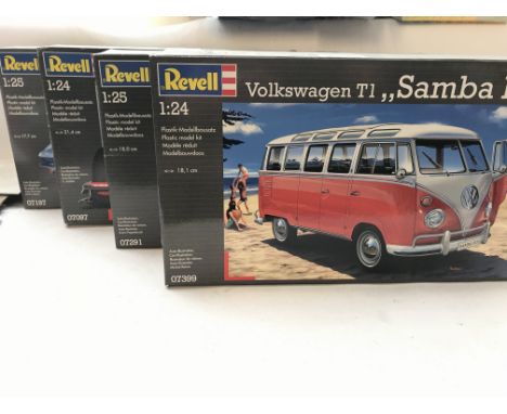 4 x Revell kits including a Volkswagen T1, Samba Bus #07399, a Jaguar E-Type #07291, a McLaren Mercedes MP4- Jenson Button #0