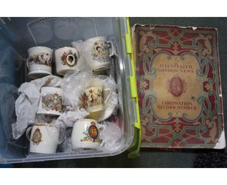 small box of commemorative cups and saucers together with a commemorative book