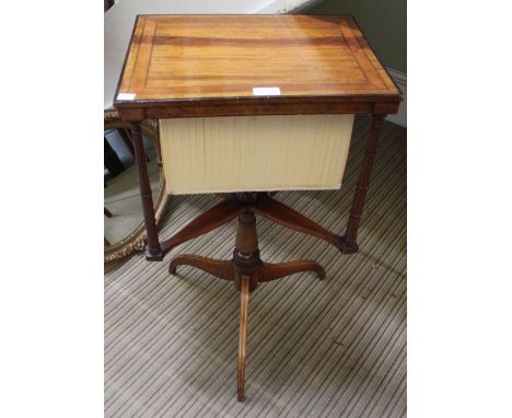 A 19th century mahogany needlework table raised on tripod base, top 42 x 33 cm.