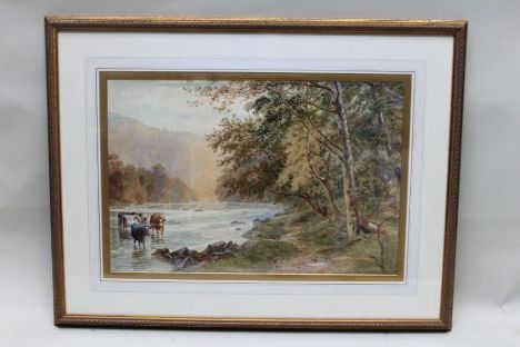 William Frederick Caswell R.B.S.A (fl: 1870-1914)'Woodland river scene with Cattle' Watercolour painting, 35cm x 52cm, signed