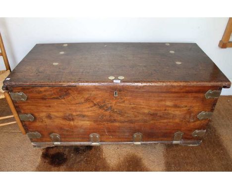An 18th century coffer trunk, camphor lined, decorative brass strap and stud work, with side handles, 63cm x137cm x 63 cm