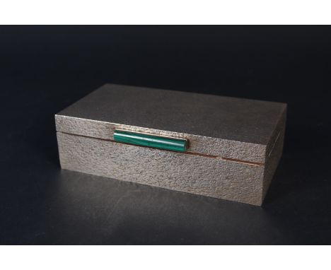 A large silver cigarette box with bark effect decoration and malachite set clasp, hallmarked Birmingham 1969 by Deakin &amp; 