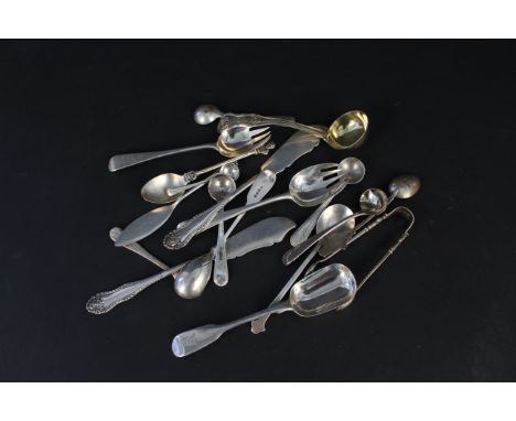 A selection of various silver cutlery including condiment spoons, butter knives, sauce ladle etc, approx 382g