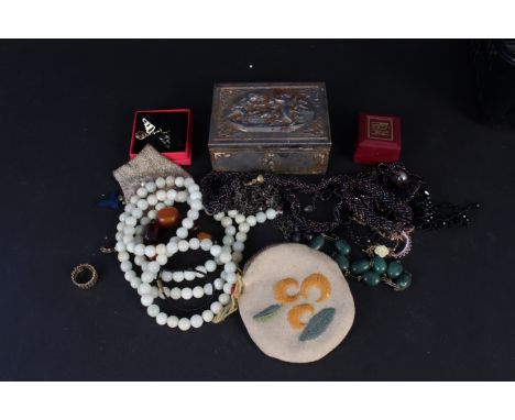 A mixed lot of costume jewellery including a long jade bead necklace plus an embossed white metal box