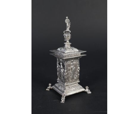 An unusual highly decorated silver inkwell, the main four sided body has a different Roman Goddess, the outspread lower porti