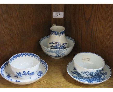 TWO EARLY CERAMIC BLUE AND WHITE TEA BOWLS PLUS SAUCERS, SPARROWBEAK JUG AND CERAMIC SUGAR BOWL