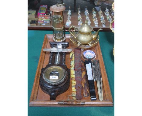 SUNDRY LOT INCLUDING WOODEN TRAY, BAROMETER, FANS, PAPER KNIVES, MINER'S LAMP AND GILDED GLASS BOWL, ETC. 