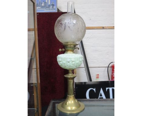 VICTORIAN BRASS OIL LAMP WITH GLASS SHADE AND MINT GREEN GLASS RESERVOIR