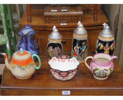 SUNDRY CERAMICS INCLUDING SHELLEY DRIP GLAZE TEAPOT, GERMAN STEINS, WILEMAN & CO BOWL ETC