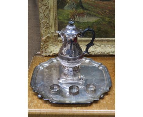 WALKER & HALL SILVER PLATED TRAY, ALSO WATER JUG, SUGAR TONGS, SILVER NAPKIN RING AND TWO SILVER PLATED NAPKIN RINGS 