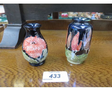 LISE B MOORCROFT TWO SMALL FLORAL DECORATED CERAMIC VASES 