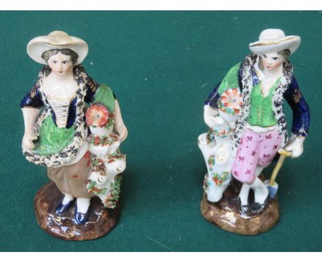 PAIR OF EARLY DERBY STYLE HANDPAINTED AND GILDED CERAMIC FIGURES, APPROXIMATELY 17cm HIGH (AT FAULT) 