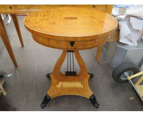BIEDERMEIER STYLE SWEDISH BIRCH WOOD OVAL TOPPED LYRE TABLE, INLAID WITH ZEBRAWOOD, SATINWOOD, FRUITWOOD AND MOTHER OF PEARL,