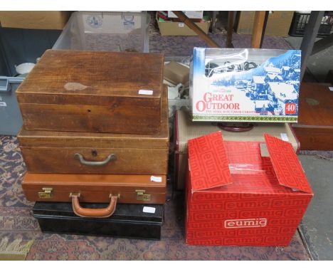 JOB LOT OF SUNDRIES INCLUDING PROJECTOR, CINE CAMERA, STRONGBOX, BRIEF CASE, CHRISTMAS DECORATIONS AND TWO WOODEN STORAGE BOX