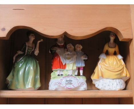 TWO ROYAL DOULTON CERAMIC FIGURES AND LAVENDER FIGURE GROUP