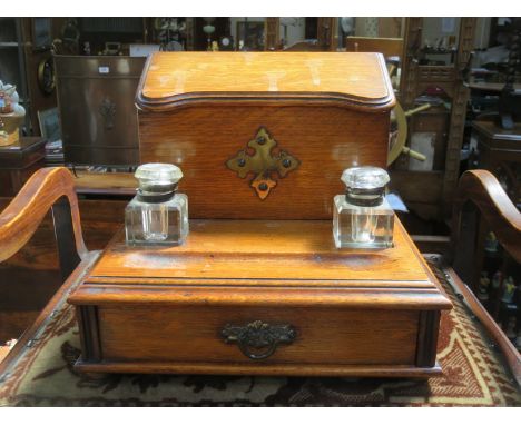 OAK BRASS MOUNTED DESK STAND WITH INKWELL